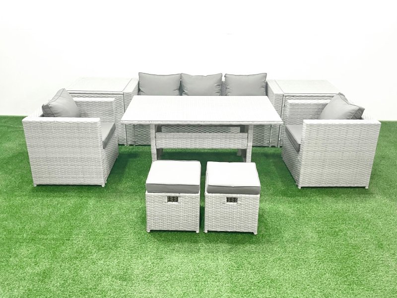 Fimous Garden Dining Set Outdoor Rattan Furniture Set with Sofa Dining Table 2 Chairs 2 Small Footstools 2 Side Tables Light Grey Mixed