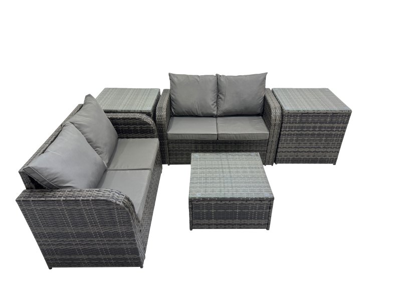 Fimous Rattan Garden Outdoor Furniture Set Love Sofa Square Coffee Table Set with 2 Side Tables Dark Grey Mixed