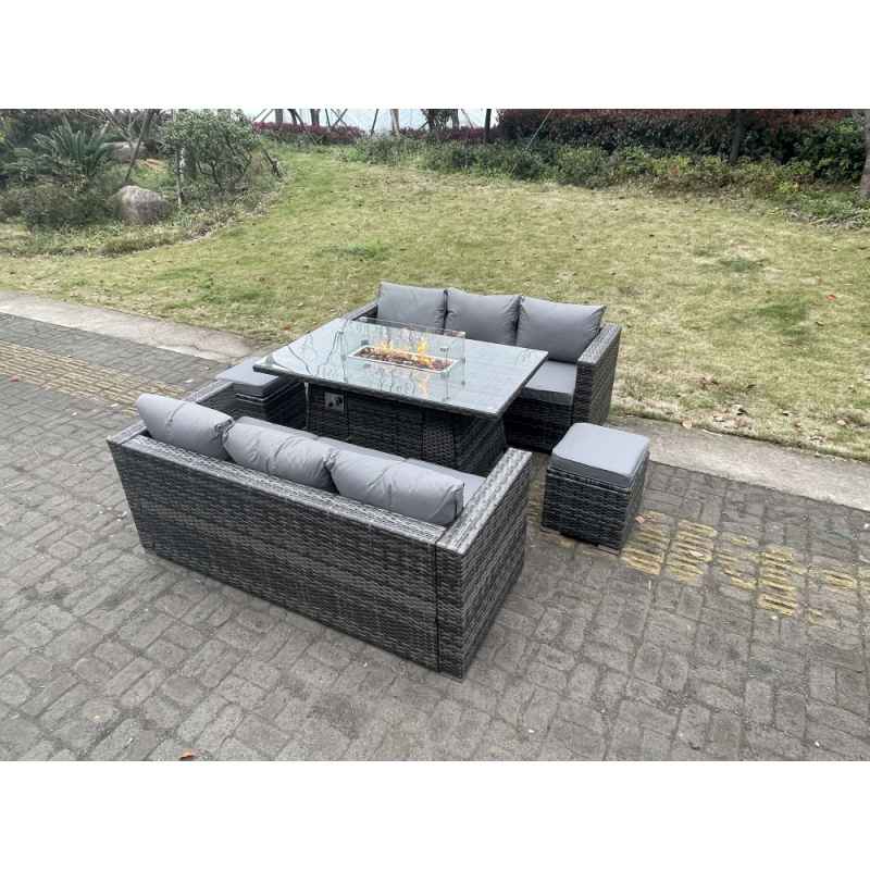 Fimous Outdoor PE Rattan Garden Furniture Gas Fire Pit Dining Table Lounge Sofa 2 PC Footstools Dark Grey Mixed Patio