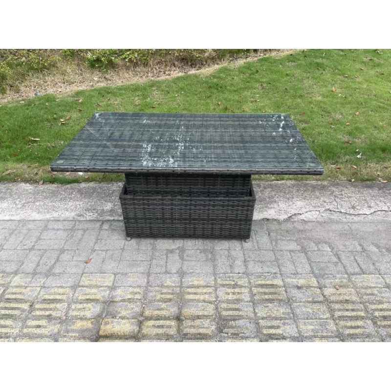 Fimous Patio Garden Dining Set Outdoor Rattan Furniture Lounge Sofa Height Adjustable Rising lifting Table With 2 Side Tables Big Footstool Dark Grey Mixed