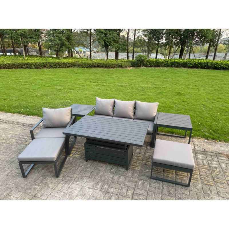 Fimous 6-Piece Aluminium Garden Furniture Sets 6 Seater Outdoor Conversational Dining Set with Adjustable Rising Lifting Dining Table Side Table