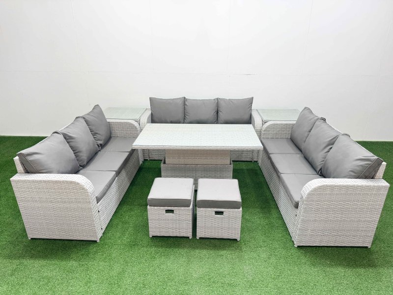 Fimous PE Rattan Lounge Sofa Set 11 Seater Outdoor Garden Furniture Set with Adjustable Lifting Dining or Coffee Table 3 Seater Sofa 2 Stools 2 Side Table Light Grey