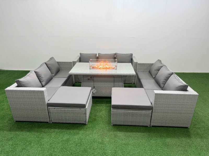 Fimous PE Rattan Lounge Sofa Set Outdoor Garden Furniture Set with Firepit Dining Table 3 Seater Sofa Light Grey