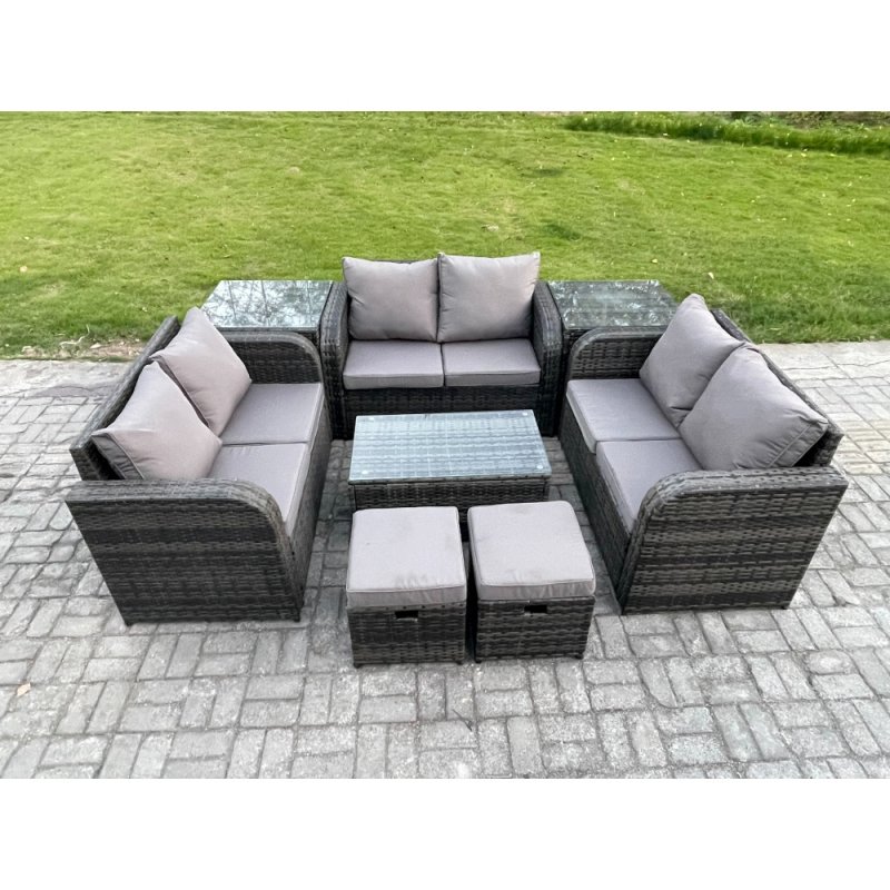 Fimous Wicker PE Rattan Garden Furniture Set 8 Seater Outdoor Lounge Sofa Set with Love Sofa Coffee Table 2 Side Tables 2 Small Footstools Dark Grey Mixed