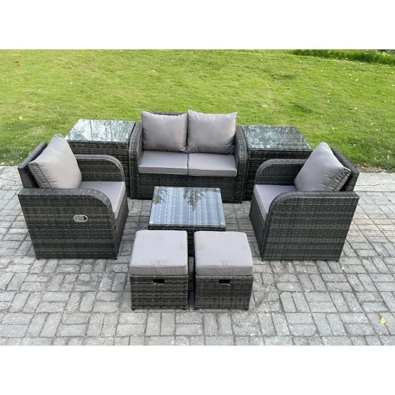 Fimous Rattan Garden Furniture Set Patio Conservatory Indoor Outdoor 8 Piece Set with Love Sofa Square Coffee Table 2 Small Footstools 2 Side Tables
