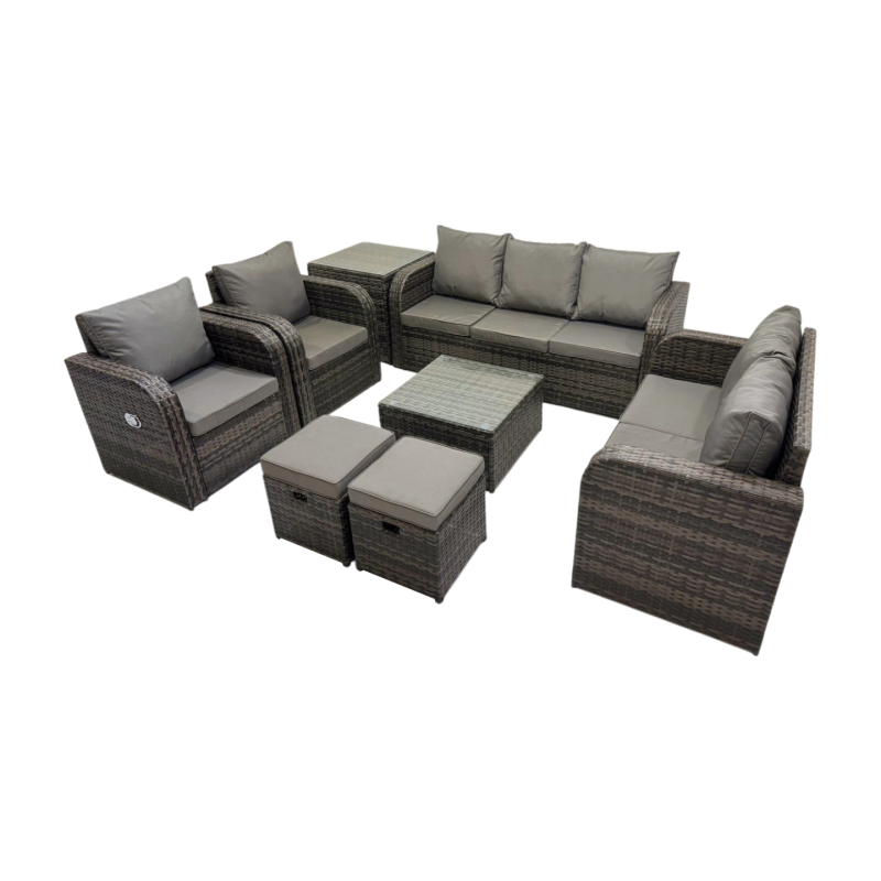 Fimous 3 Seater Sofa Reclining Chair Coffee Table Set Rattan Garden Outdoor Furniture Set with Side Table 2 Small Stool Dark Grey Mixed