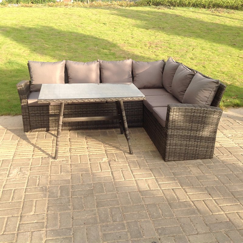 Fimous High Back Grey Mixed Outdoor garden furniture Rattan Corner Sofa Dining Set Table 6 Seater right corner