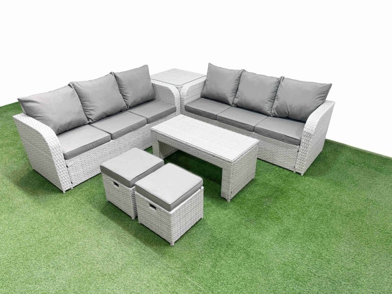 Fimous Outdoor Garden Furniture Sets 8 Seater Wicker Rattan Furniture Sofa Sets with Oblong Coffee Table high Back Lounge Sofa Stools Side Table Light Grey
