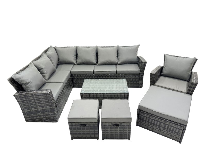 Fimous 10 Seat Rattan High Back Corner Sofa Set Patio Coffee Table Sets with 3 Stools Chair Dark Grey Mixed