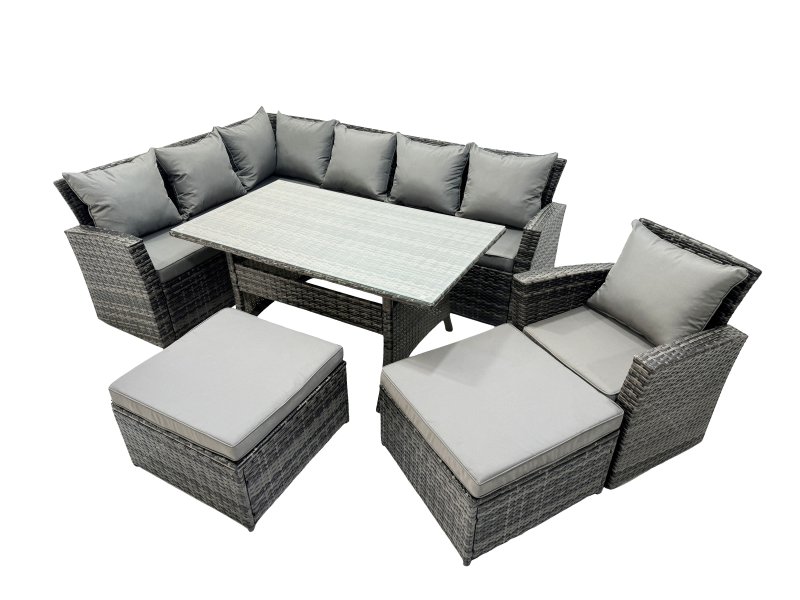 Fimous 9 Seat Rattan High Back Corner Sofa Set Patio Dining Table Set with 2 Big Stools Chair Dark Grey Mixed