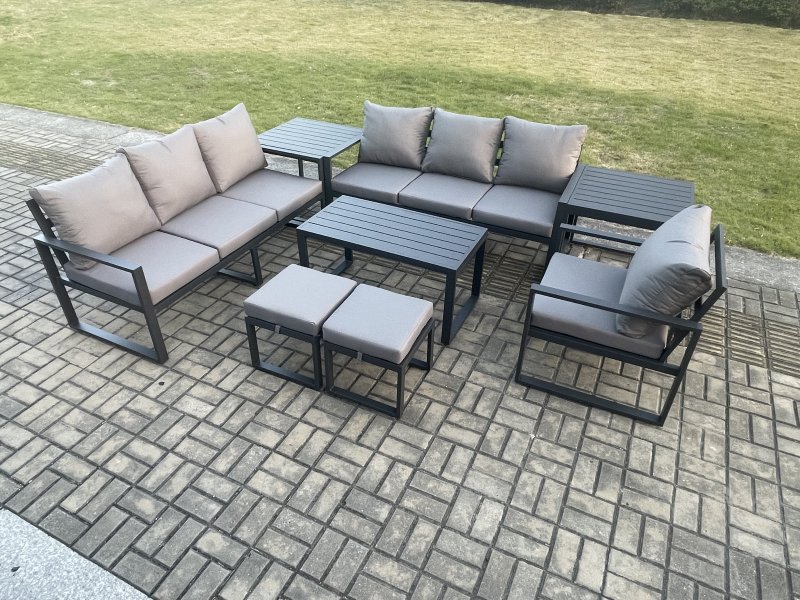 Fimous Aluminium 9 Seater Garden Furniture Outdoor Patio Sofa Set with Rectangular Coffee Table Armchair 2 Small Footstool 2 Side Tables Dark Grey