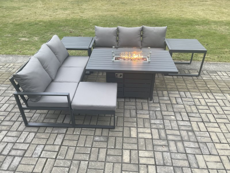 Fimous Aluminium 7 Seater Outdoor Garden Furniture Lounge Sofa Set Gas Fire Pit Dining Table with Big Footstool 2 Side Tables Dark Grey