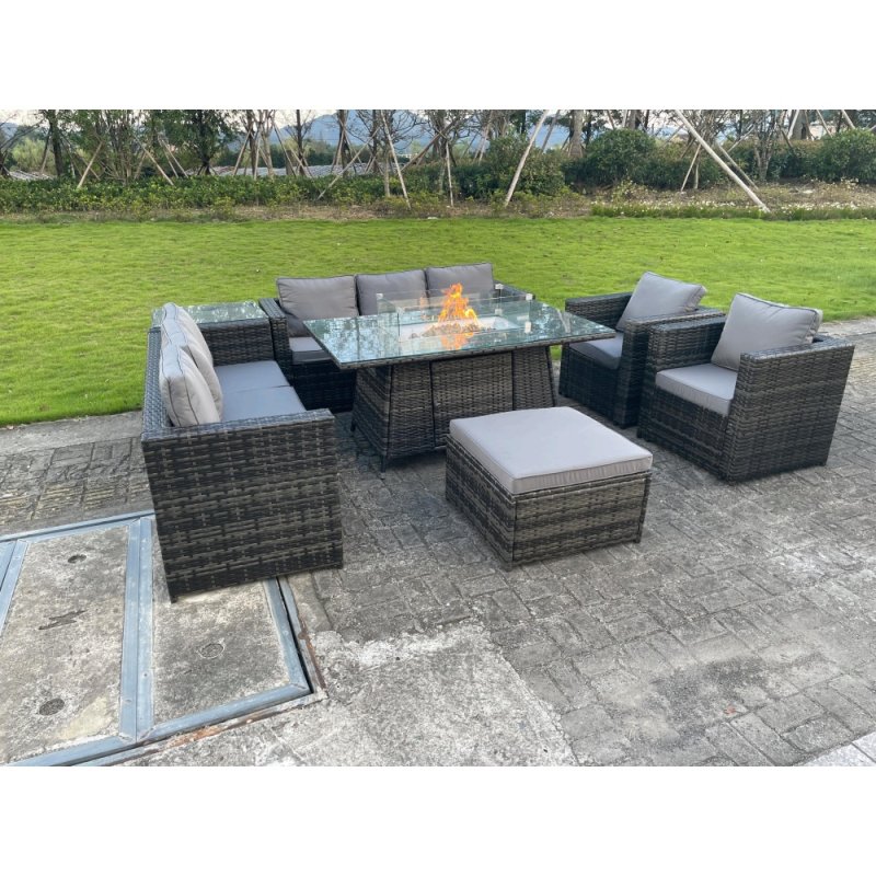 Fimous 9 Seater Outdoor Rattan Garden Furniture Gas Fire Pit Table Sets Gas Heater Lounge Chairs Dark Grey Big Footstool
