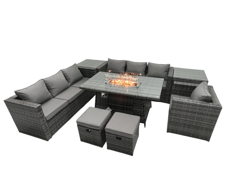 Fimous Rattan Garden Furniture Firepit Dining Set 9 Seater Lounge Sofa Table Set with 2 Side Table 2 Footstool