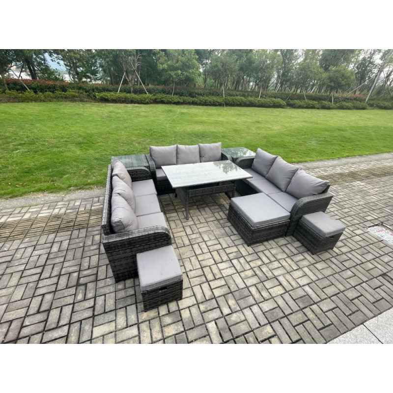 Fimous Patio Rattan Garden Furniture Set with Oblong Rectangular Dining Table 3 Footstools 2 Side Table 12 Seater Outdoor Lounge Sofa Set Dark Grey Mixed
