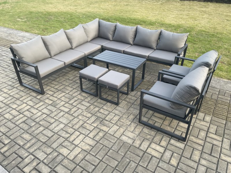 Fimous Aluminium Outdoor Garden Furniture Set Lounge Corner Sofa 2 Pcs Chair Oblong Coffee Table Sets with 2 Small Footstools Dark Grey