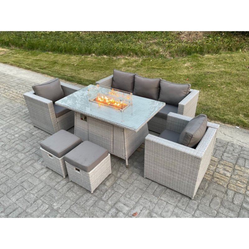 Fimous Light Grey Rattan Garden Furniture Set Gas Fire Pit Dining Table Set Heater Burner Chairs With 2 PC Stools