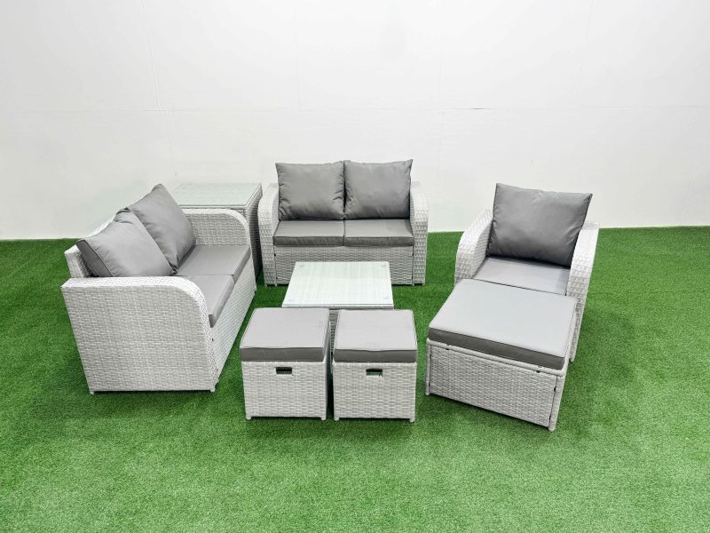 Fimous High Back Poly Rattan Garden Furniture Set with Reclining Chair Loveseat Sofa Square Coffee Table Indoor Outdoor Patio Set 3 Stools Side Table Light Grey