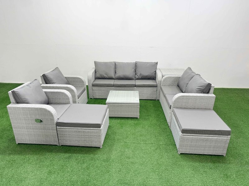 Fimous PE Rattan Garden Furniture Set Adjustable Chair Sofa Double Love Seat 2 Seater Sofa Lounge Set Square Coffee Table 2 Big Footstool Side Table Light Grey