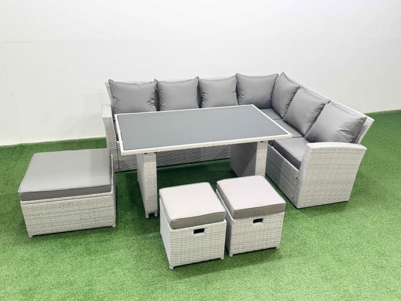 Fimous Outdoor Garden Furniture Sets 9 Seater Wicker Rattan Corner Sofa Sets with Rectangular Dining Table Lounge Sofa 3 Footstools Light Grey