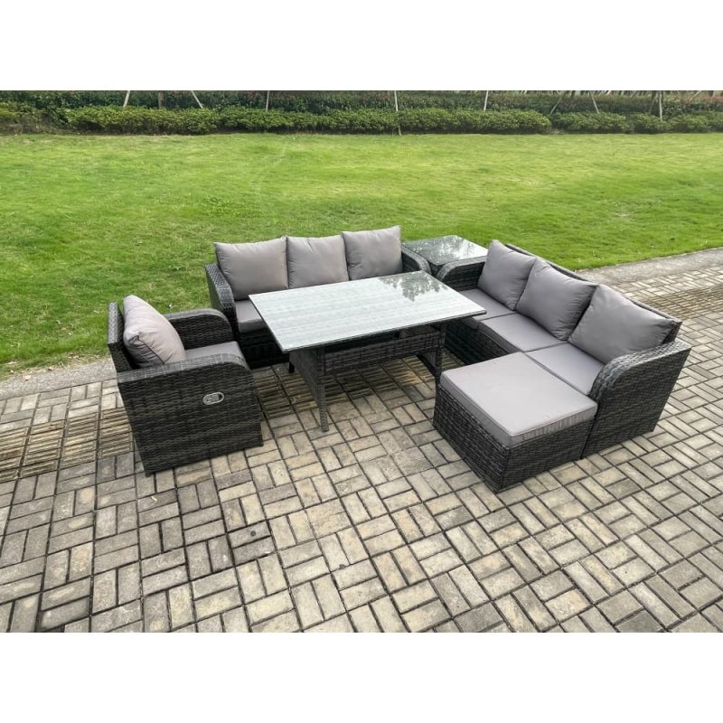 Fimous 8 Seater Rattan Garden Furniture Set Oblong Rectangular Dining Table and Chairs Set with 3 Seater Sofa Big Footstool Side Tables Dark Grey Mixed