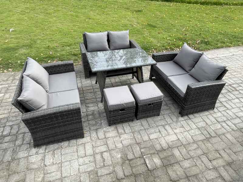 Fimous Outdoor Lounge Sofa Set Wicker PE Rattan Garden Furniture Set with Rectangular Dining Table 2 Seat Sofa 2 Small Footstools Dark Grey Mixed