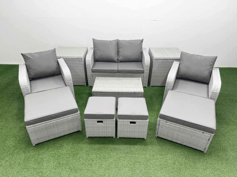 Fimous 10 PCs Rectangular Coffee Table Set Reclining Chair Inclining Sofa Seat 2 Side Tables 2 Big Footstool Light Grey