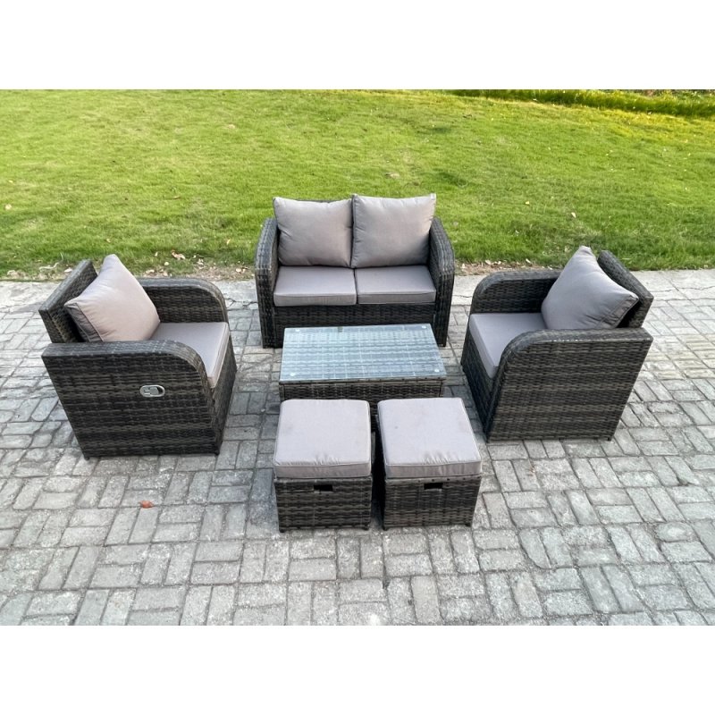 Fimous Wicker PE Rattan Outdoor Furniture Set Garden Love Sofa Coffee Table 2 Armchair 2 Small Footstools Dark Grey Mixed