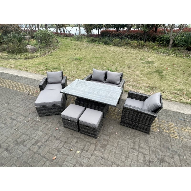 Fimous Rattan Outdoor Furniture Adjustable Rising Lifting Rectangle Dining Table Chairs Two Seater Love Sofa Sets 3 Footstools 7 Seater