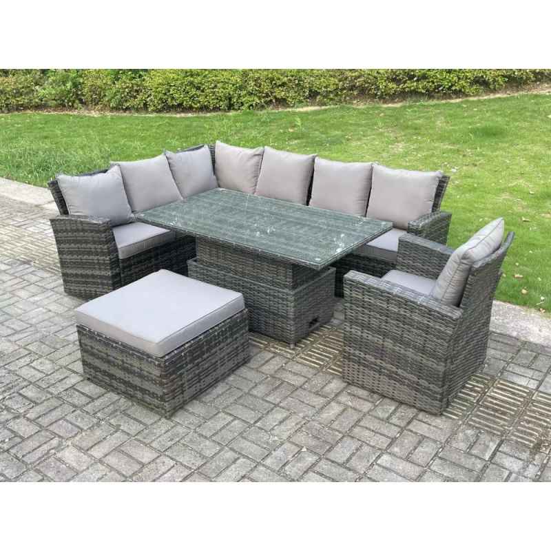 Fimous 8 Seater?Outdoor High Back Rattan Adjustable Rising Lifting Dining Table Corner Sofa Set Garden Furniture Set Dark Grey Mixed Left Hand