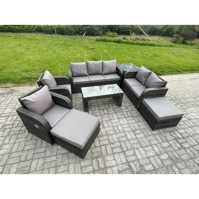 Fimous 9 Seater Outdoor Rattan Garden Furniture Set Rattan Lounge Sofa Set with Rectangular Coffee Table Side Table 2 Big Footstool Dark Grey Mixed