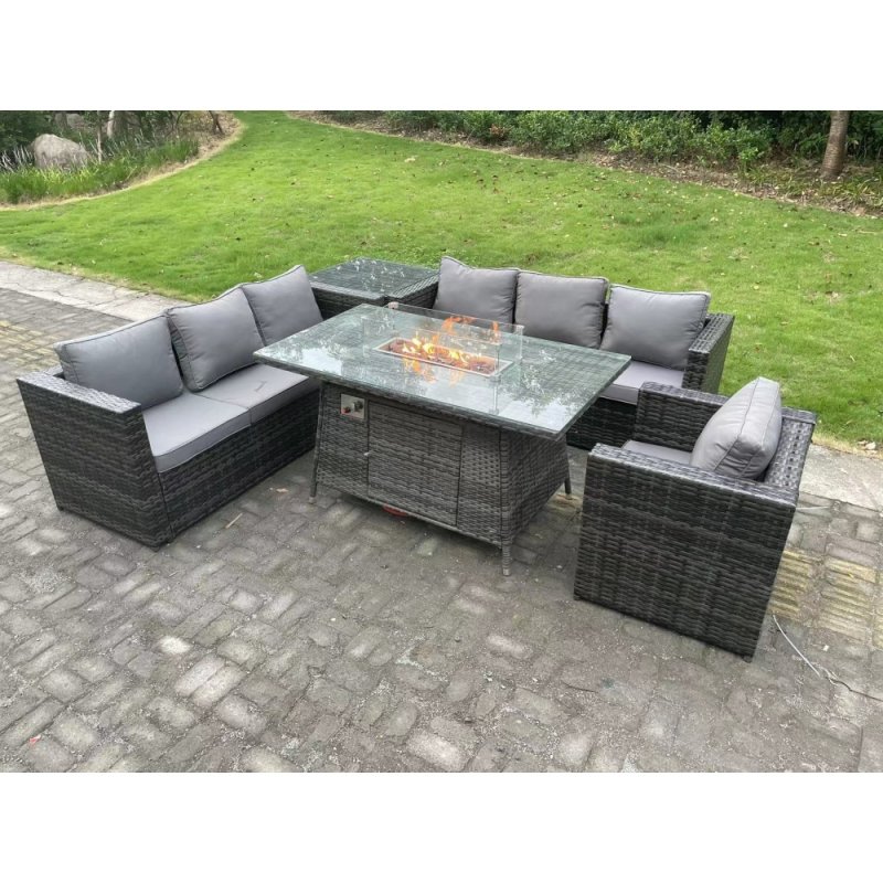 Fimous 7 Seater Rattan Garden Furniture Sofa Set Outdoor Patio Gas Fire Pit Dining Table Gas Heater Burner With Armchair Side Table Dark Grey Mixed