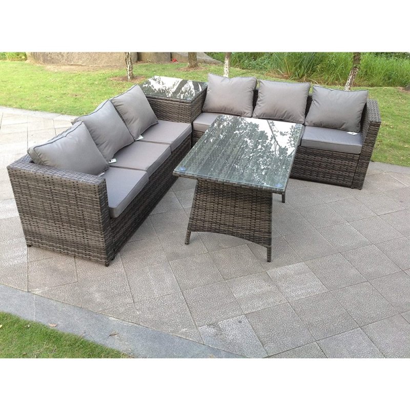 Fimous 6 Seater Grey Rattan Sofa Dining Set 2 Tables Garden Furniture Outdoor