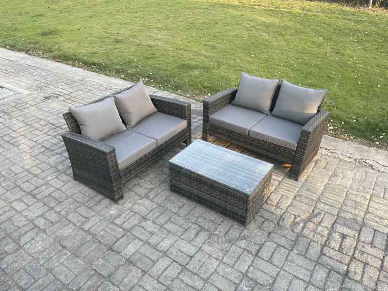 Fimous Wicker Rattan Garden Furniture Sofa Set with Rectangular Coffee Table Double Seat Sofa 4 Seater Outdoor Rattan Set Dark Grey Mixed