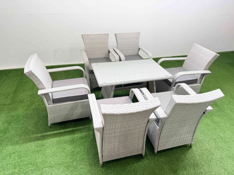 Fimous Outdoor Rattan Garden Furniture Set Patio 6 Chairs Plus Rectangular Dining Table Sets Light Grey Mixed