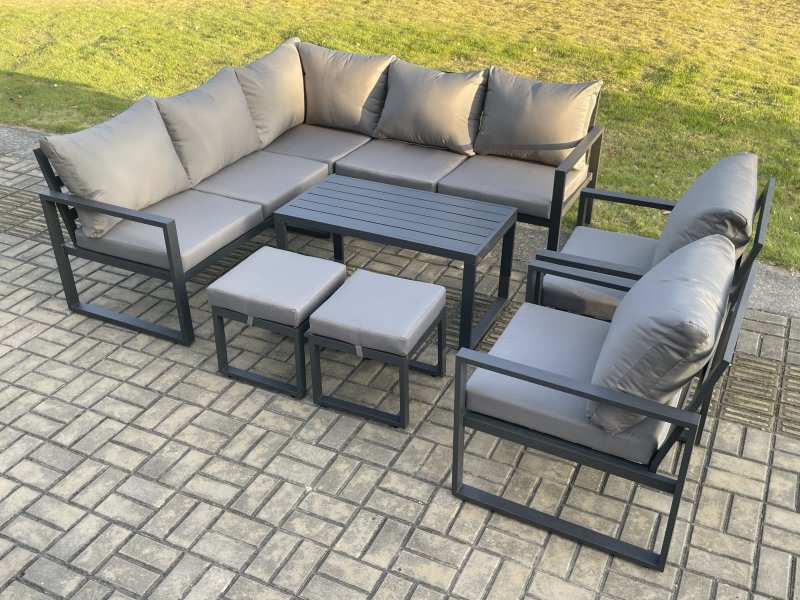 Fimous 9 Seater Aluminium Outdoor Garden Furniture Set Patio Lounge Sofa with Oblong Coffee Table 2 Small Footstools Dark Grey