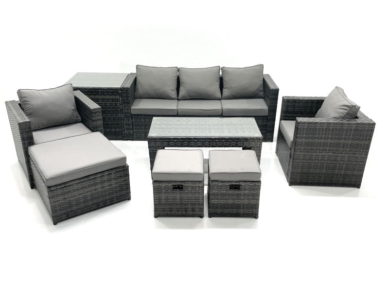 Fimous 8 Seater Rattan Garden Furniture Set Outdoor Lounger Sofa with Coffee Table 2 Armchair 3 Footstools Side Table Dark Grey Mixed