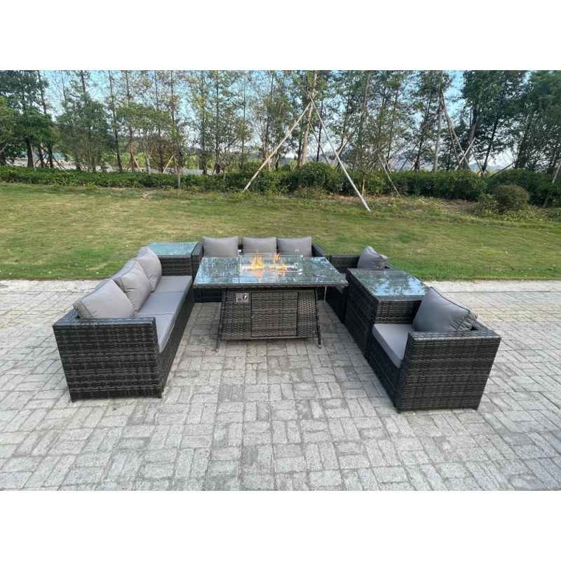Fimous Outdoor Rattan Garden Furniture Gas Fire Pit Dining Table Sets Gas Heater Lounge Chairs Side Tables Dark Mixed Grey 8 Seater