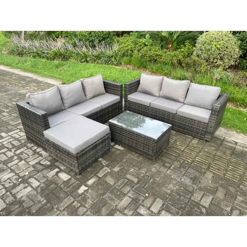 Fimous 7 Seater Rattan Garden Furniture Set Outdoor Patio Sofa Set with Oblong Coffee Table Big Footstool Dark Grey Mixed