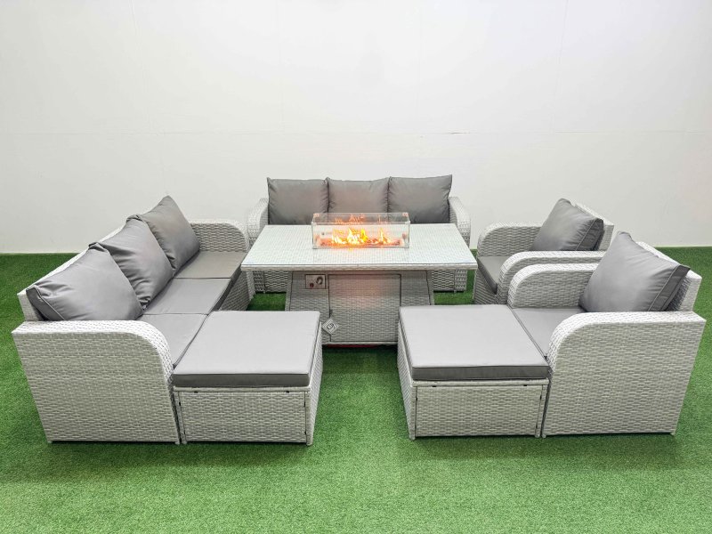 Fimous PE Rattan High Back Lounge Sofa Set Patio Firepit Dining Table & Chairs Set with 3 Seater Sofa Reclining Chair 2 Big Footstool Light Grey