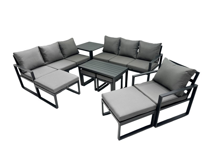 Fimous Outdoor Garden Furniture Set Aluminium Lounge 3 Seat Sofa Oblong Coffee Table Sets with Chair 4 Stools Side Table Dark Grey