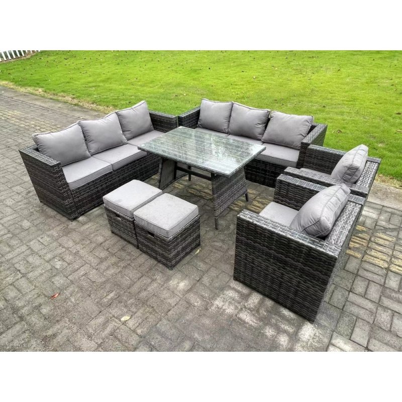 Fimous Rattan Garden Outdoor Furniture Sofa Garden Dining Set with Patio Dining Table 2 Armchairs 2 Small Footstools 10 Seater Dark Grey Mixed