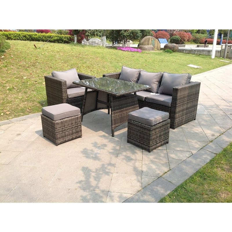 Fimous 6 Seater Rattan Sofa Set Dining Table Chair Stool Garden Furniture Outdoor