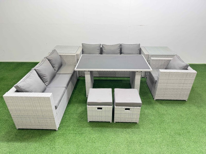 Fimous Patio Garden Furniture Sets with Black Glass Top Dining Table 3 Seater Sofa Armchair 2 Side Tables 2 Small Stool Light Grey