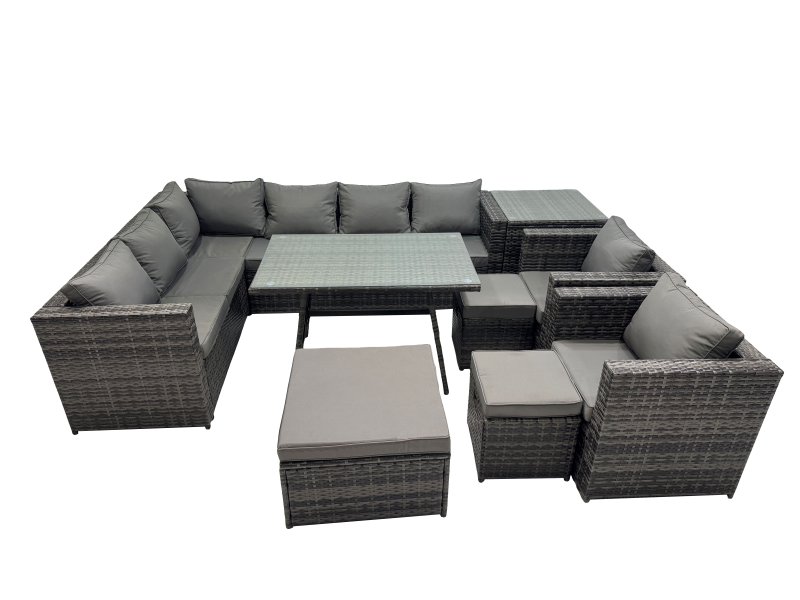 Fimous 11-seater Outdoor PE Rattan Sofa Set with Dining Table Patio Garden Furniture Sets with 2 Chair 3 Stools Side Table Dark Grey Mixed