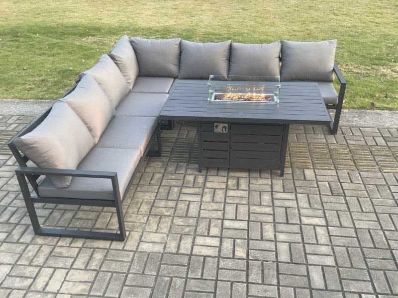 Fimous Aluminium 6 Pieces Garden Furniture Corner Sofa Set with Cushions Gas Fire Pit Dining Table Set Gas Heater Burner Dark Grey