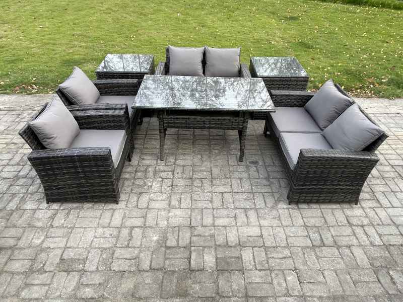 Fimous Rattan Garden Furniture Set Patio Outdoor Lounge Sofa Set with Oblong Dining Table Double Seat Sofa 2 Side Tables Dark Grey Mixed