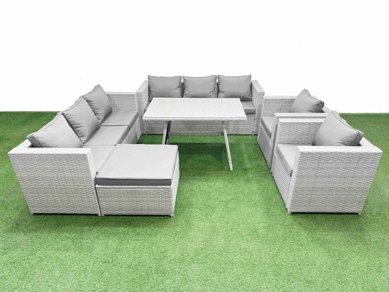 Fimous 9 Seater Garden Furniture Set PE Ratten Garden Sofa Set with Rectangular Dining Table Big Stool Light Grey