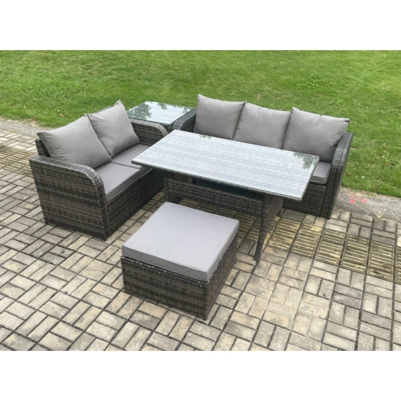 Fimous Outdoor Garden Patio Furniture Wicker Rattan Oblong Rectangular Dining Table and Lounge Sofa set with Side Table Big Footstool Dark Grey Mixed