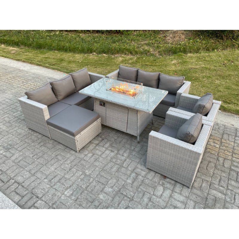 Fimous Light Grey Rattan Garden Furniture Set Gas FirePit Dining Table Heater Burner Lounge Sofa Set Chairs Footstool